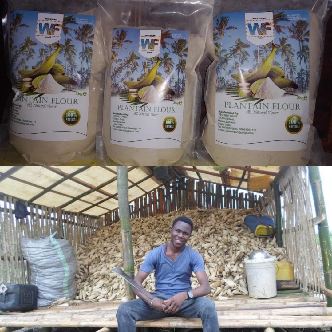 Otunba Simon Olalekan Oluwole with Fecund Empire’s first packaged plantain flour, circa 2015–2016.